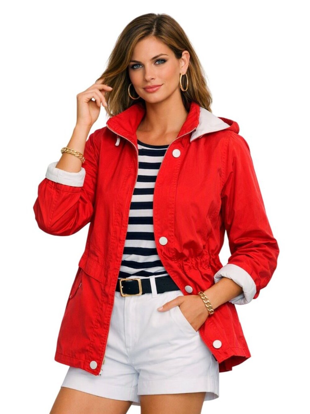 Nautica Womens M Red Trench Parka Coat Jacket Full Zip Snap Water Resistant City
